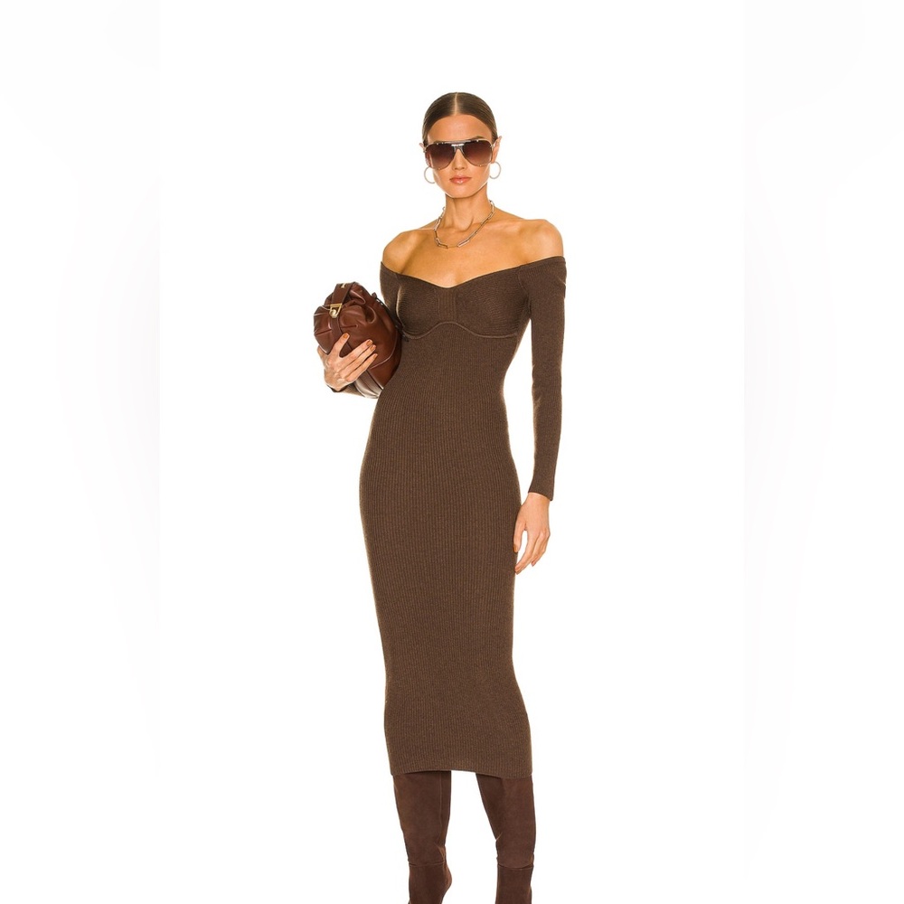REVOLVE L'Academie Off-Shoulder Brown Dress